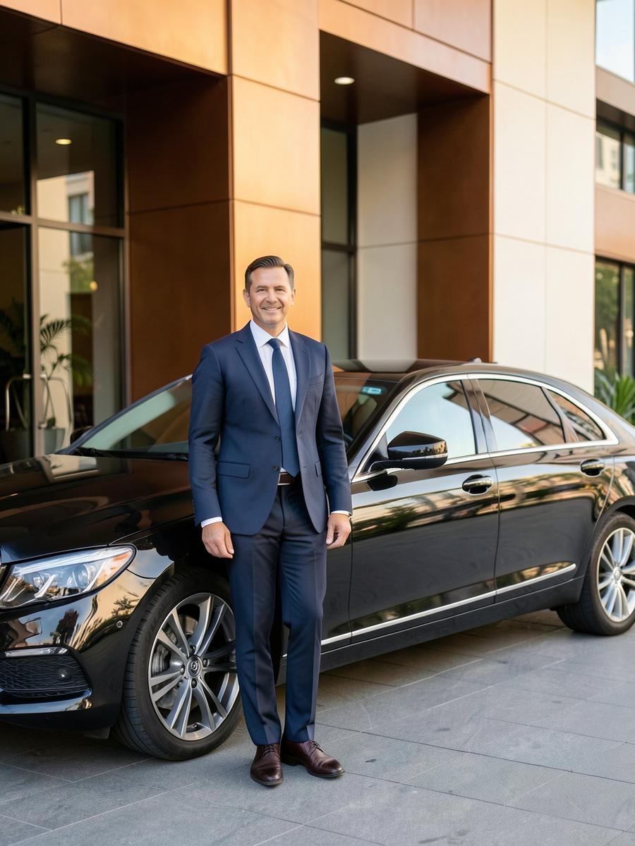 Professional chauffeur welcoming passengers beside an executive vehicle