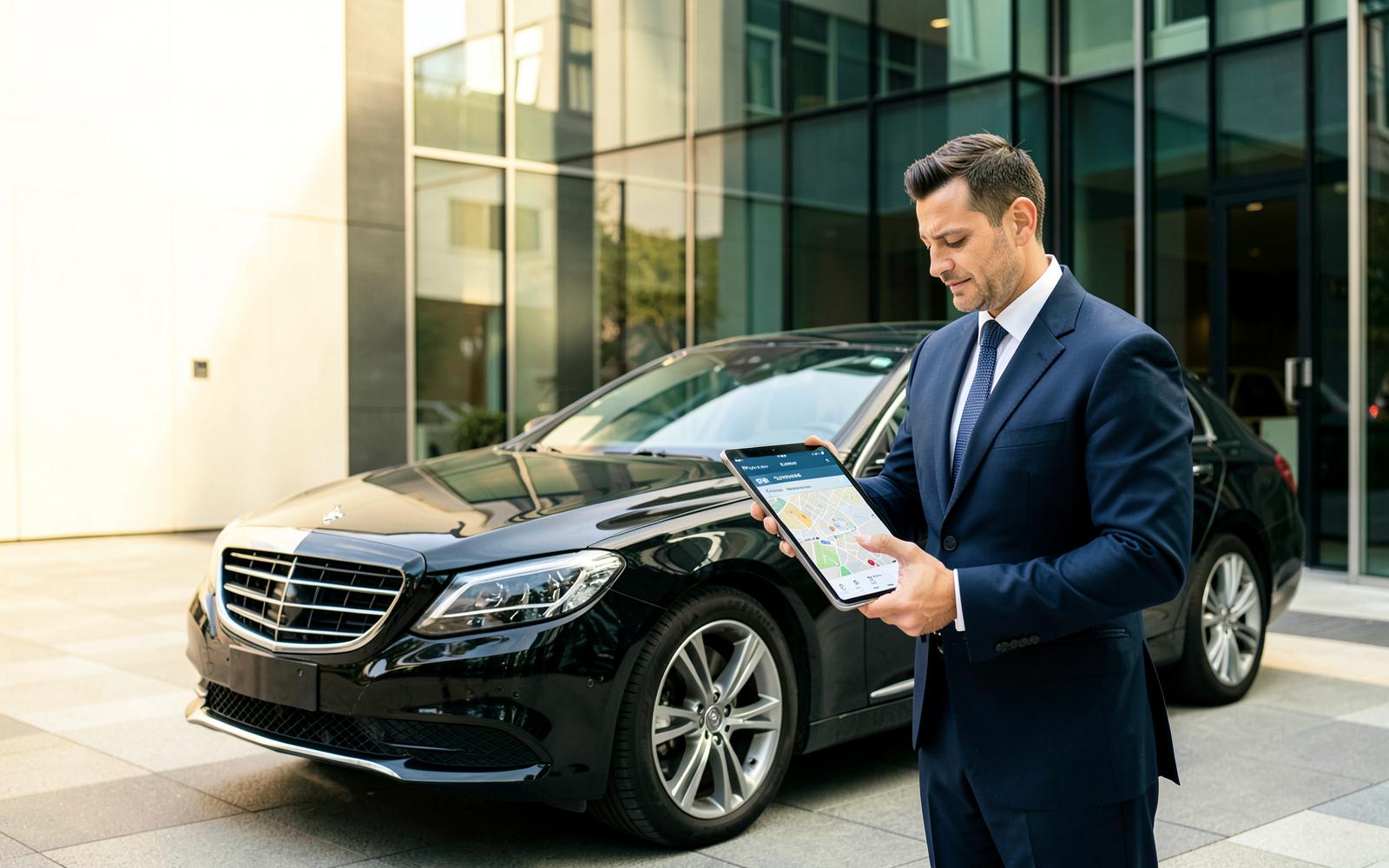 Chauffeur using a digital dispatch platform beside an executive sedan