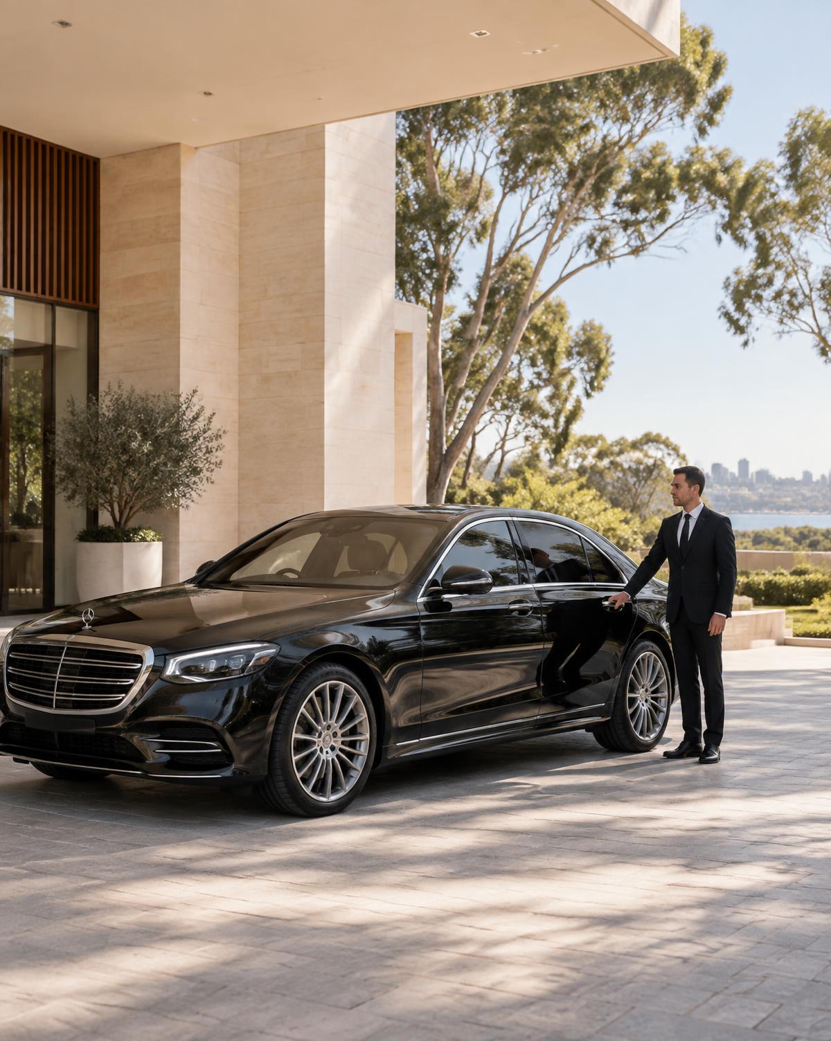 Professional chauffeur beside a black luxury sedan at a modern Australian hotel
